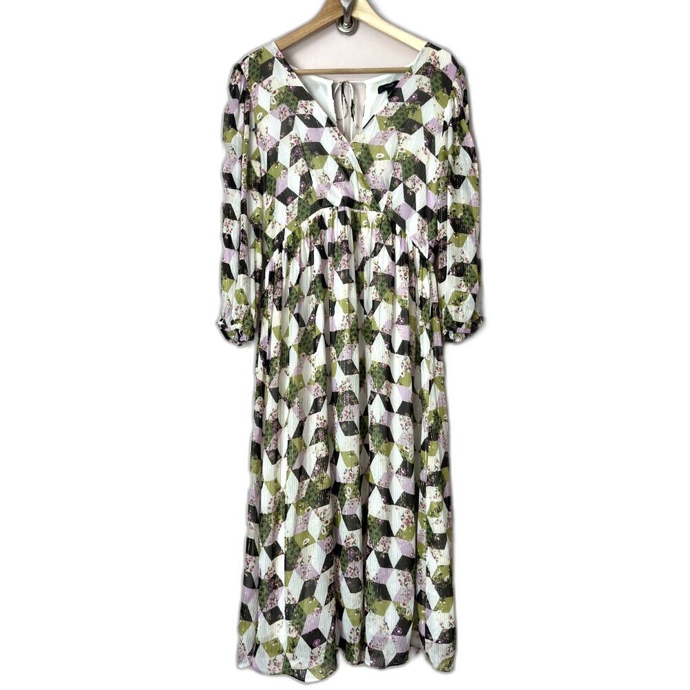 J Crew Lurex Metallic Threads Chiffon Midi Dress Patchwork Print Sz 8 Floral